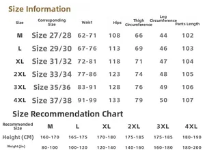 Detailed size chart for men cargo pants showing waist and length from M to 4XL sizes