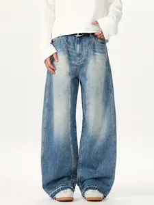 Jeans Jambe Large Patchwork Délavé Rétro American High Street Hommes Pantalon Denim Usé Droit Large Bleu Streetwear
