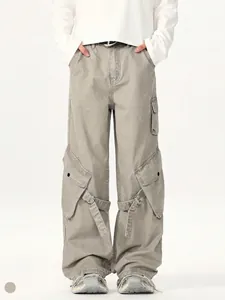 American Vintage Men Cargo Pants Cotton Loose Straight Wide Leg Multi Pockets Deconstructed Patchwork Streetwear Casual Long Trousers