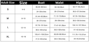 Size chart showing bust, waist, and hip measurements for women's bikini sets in S to XL sizes