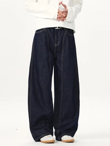 Deep blue cocoon leg denim jeans for men with yellow contrast stitching and panel design