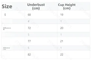 Size chart for cross-back sports bikini top detailing underbust and cup height in cm