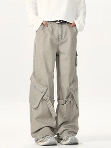 Men's retro utility cargo pants in washed grey with oversized multi-pocket design