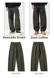 Detail view of baggy carpenter pants with drawstring waist and structured seams