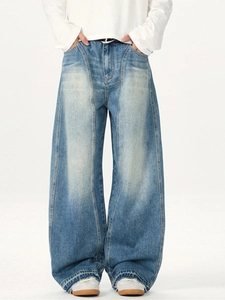 Jean large délavé bleu clair pour homme avec coutures incurvées style streetwear