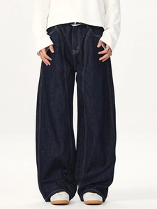 Men's deep blue wide-leg denim jeans with contrast stitching and relaxed silhouette