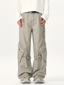 Men's retro utility cargo pants with multi-pocket design and adjustable buckle straps