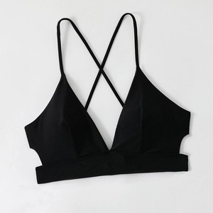 Detail showing back cross straps and side cut-outs of a black sporty bikini top