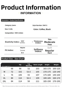 Detailed size chart for men's wide leg cotton denim pants showing waist and length info