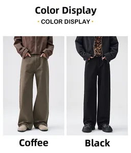 Color options for men's wide-leg denim trousers in coffee brown and classic black