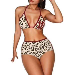Two-piece leopard print bikini set with burgundy trim and sporty number 10 print