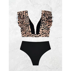 Ensemble bikini sexy à imprimé léopard avec manches à volants et culotte haute