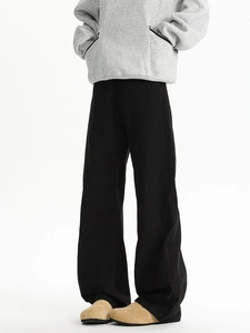 Detail view of black wide-leg trousers featuring a premium cotton texture and cleanfit drape