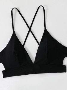 Sporty black criss-cross back bikini top with deep V-neck and hollow side cut-out details