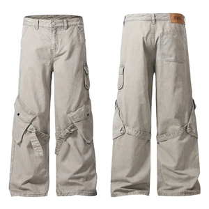 Mens retro khaki work pants with wide-leg design and functional cargo pockets