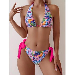 Women Halter Neck Bikini Top And Bottom Paisley Floral Print Swimsuit With Metal Ring Side Tie Triangle Beachwear