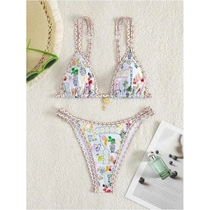 Mediterranean Style Floral Print Bikini Top And Bottom Women Sexy High Cut Swimsuit With Metal Pendant Summer Beachwear