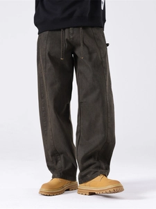 Men's heavy canvas work pants in dark coffee brown with straight leg and drawstring waist
