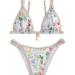 Two-piece floral bikini with Mediterranean citrus print and golden padlock detail