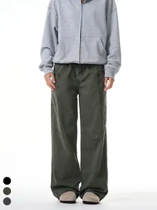 Men's American Retro Cargo Pants Multi-Pocket Loose Wide Leg Washed Cotton Casual Trousers Streetwear Cleanfit Solid Color Pants