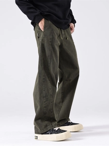 Army green heavy cotton cargo pants with straight leg fit and elastic drawstring waist