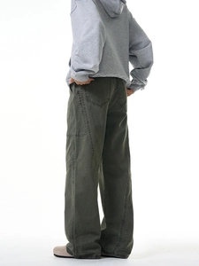 Men's retro loose multi-pocket cargo pants in vintage washed charcoal grey streetwear style