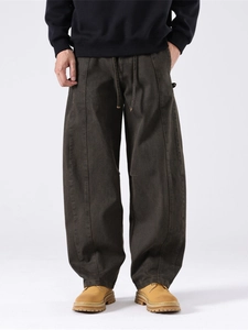 Heavyweight dark brown straight-leg cargo pants with drawstring waist and stitched details