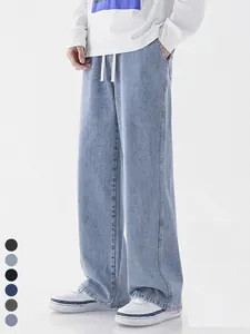 Jeans en Denim à Jambes Larges pour Hommes Coupe Ample Jambe Droite Avec Taille à Cordon Lavé Streetwear Pantalon Denim Coton