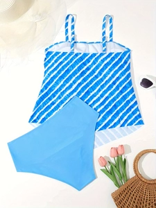 Übergröße Tankini-Set mit blauen Streifen, hoher Taille und Strand-Accessoires