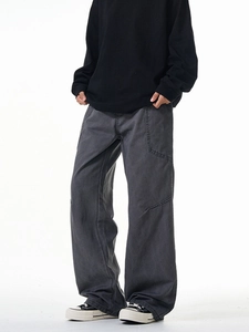 Men's washed dark grey multi-pocket cargo pants with wide-leg straight fit and seam detail