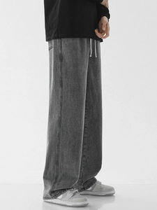 Jean large décontracté pour homme en gris foncé délavé avec taille à cordon