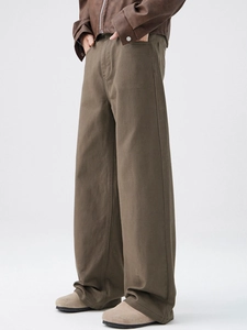 Men's loose brown wide-leg denim jeans with high-waist straight-cut fit and soft drape