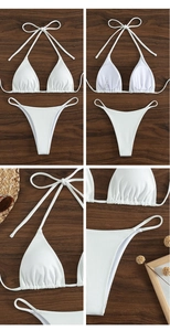 Macro detail of white ribbed texture bikini with halter neck straps and round padded inserts