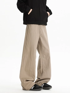Detailed texture view of khaki wide-leg cotton twill trousers in a minimalist street style