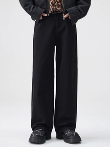 Men's loose straight-leg black wide-leg trousers in high-quality drape twill fabric