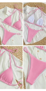 Detail view of pink ribbed bikini set showing tie straps and soft fabric texture