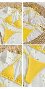 Detail of bright yellow ribbed bikini set with tie-up neck and high-cut thong design
