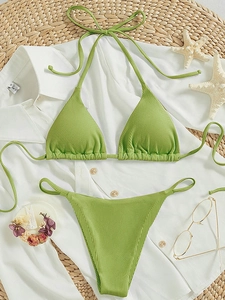 Women Ribbed Halter Triangle Top And Bottom Bikini Swimsuit Beach Vacation Solid Color Fashion Elastic Swimwear