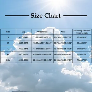 Detailed size chart for one-piece swimsuit including cup size, bust, and waist measurements