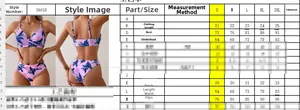 Size chart for tropical print high waist bikini with S to 2XL measurements and style guide