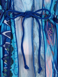 Blue ethnic print mesh beach cover-up with adjustable drawstring waist details