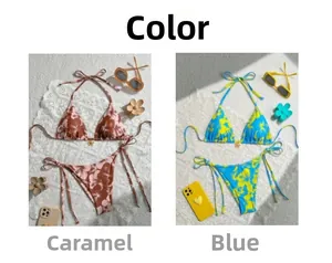 Detail comparison of caramel and blue floral bikini sets with side-tie bottoms on lace mats