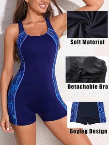 Damen Plus Size Einteiler Sport Badeanzug mit Boyleg Design und blauem Wellendruck Muster