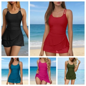 Women's One Piece Swimdress Solid Color Ruffle Tiered Skirt Swimsuit Slimming Ruched Bathing Suit Beach Vacation Wear