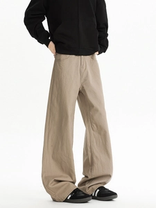 Men's khaki wide-leg casual pants in heavy cotton with a trendy high-street cleanfit silhouette