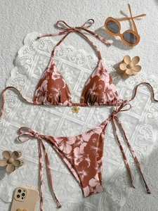 Women Tropical Hibiscus Floral Print Bikini Top And Bottom Halter Neck Side Tie Swimsuit Metallic Flower Decor Beachwear