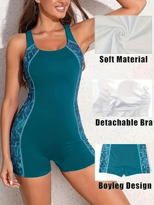 Damen Plus Size Boyleg Badeanzug in Dunkeltürkis mit hellblauen Wellen und Sportdesign