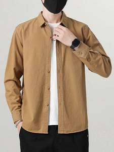 Men's khaki long sleeve cotton shirt with classic collar and button-down front