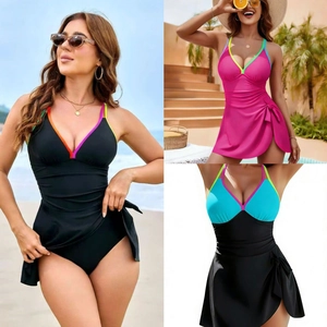 Women's One Piece Swim Dress Contrast Trim V Neck Ruched Slimming Swimsuit Cross Back Skirted Bathing Suit For Beach Vacation