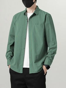 Men's casual forest green long sleeve cotton shirt with classic collar and front pocket